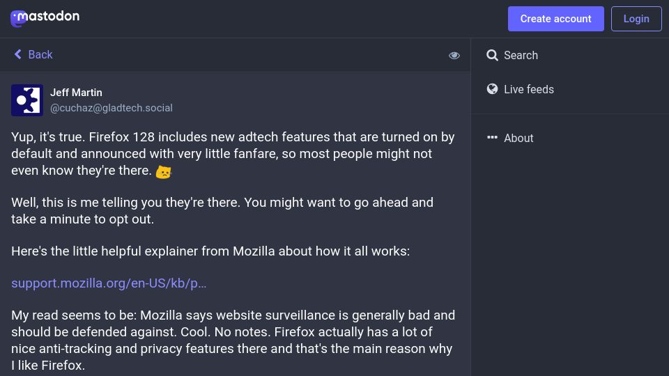 Screenshot of gladtech.social: Ad-tech setting 'Privacy-Preserving Attribution' is opt-out in Firefox 128