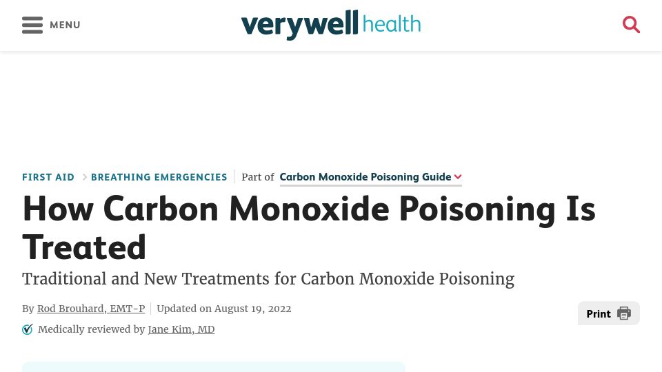 Screenshot of verywellhealth.com: How Carbon Monoxide Poisoning Is Treated