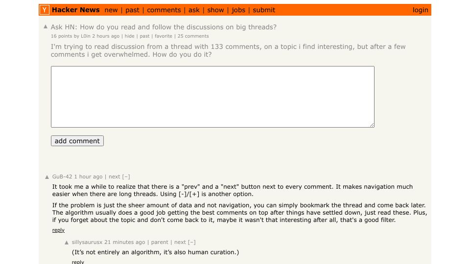 Screenshot of Hacker News post: Ask HN: How do you read and follow the discussions on big threads?