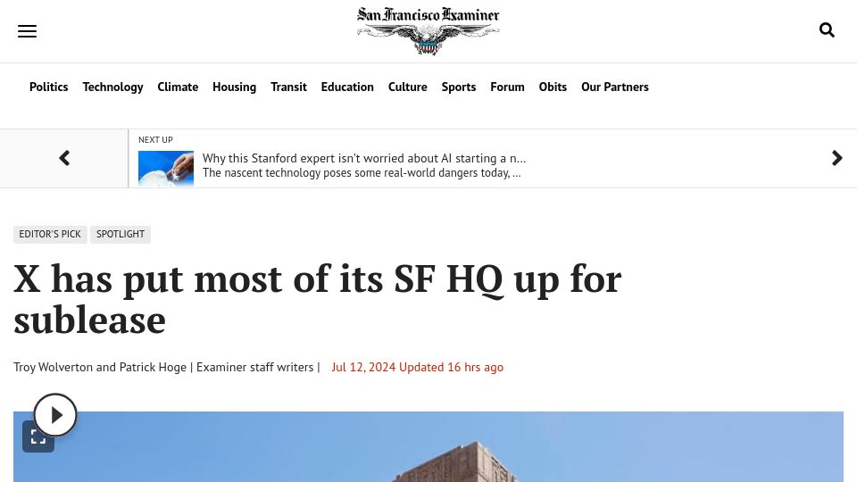 Screenshot of sfexaminer.com: X has put most of its SF HQ up for sublease