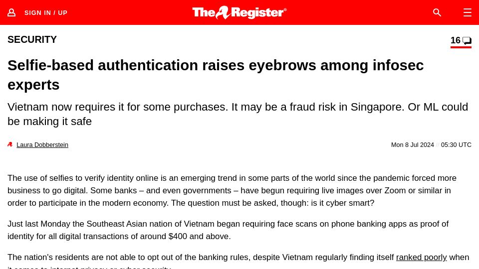 Screenshot of theregister.com: Selfie-based authentication raises eyebrows among infosec experts