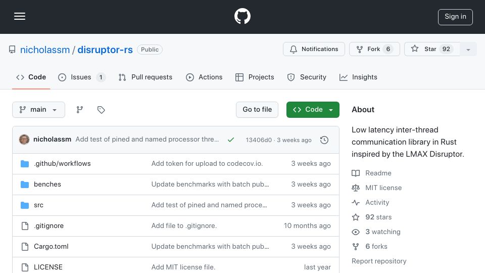 Screenshot of github.com: Disruptor-rs: better latency and throughput than crossbeam