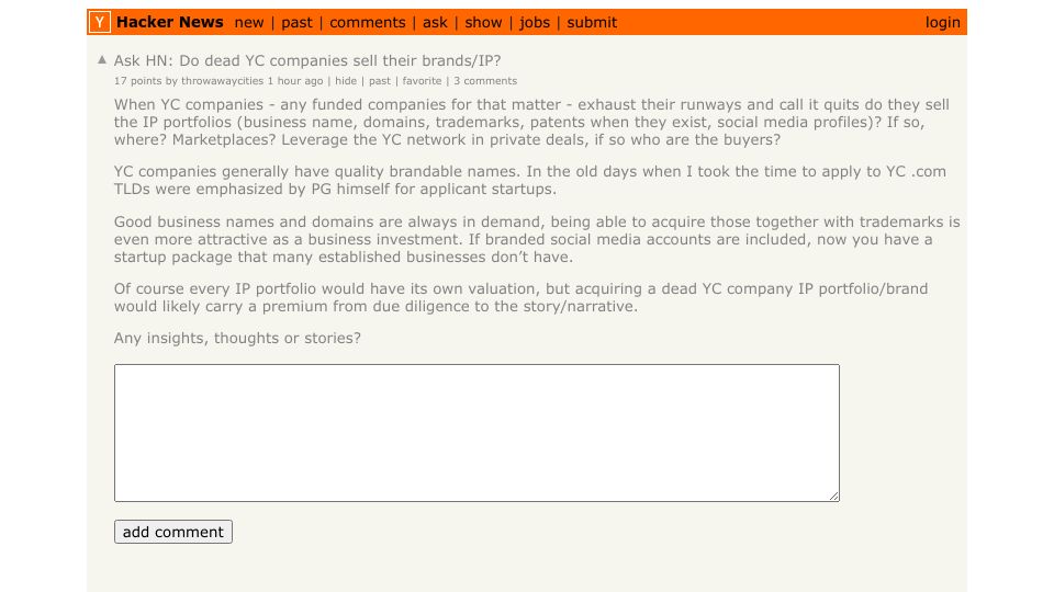 Screenshot of Hacker News post: Ask HN: Do dead YC companies sell their brands/IP?