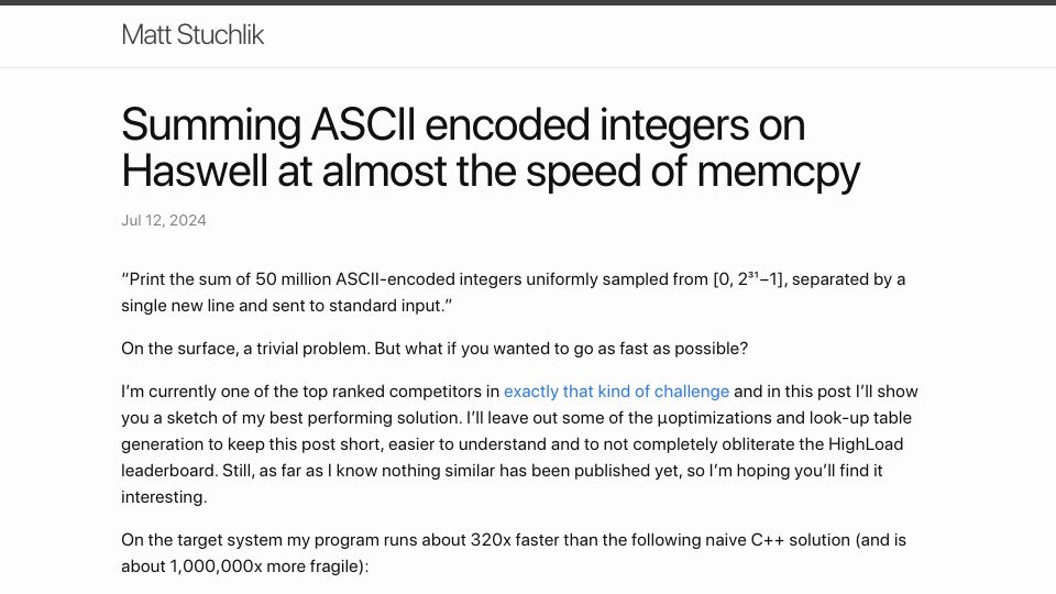 Screenshot of blog.mattstuchlik.com: Summing ASCII encoded integers on Haswell at almost the speed of memcpy
