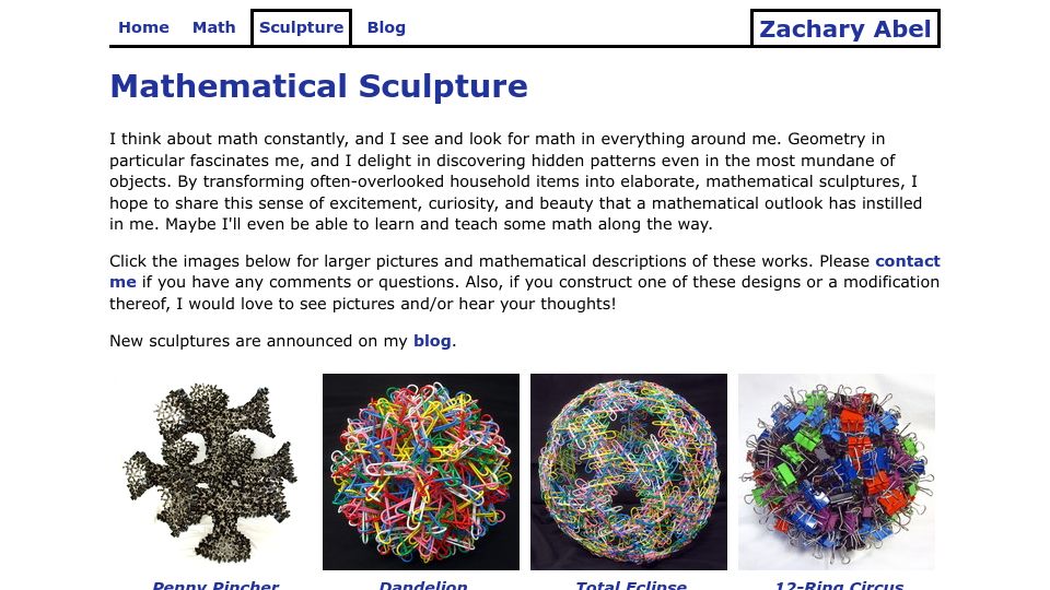 Screenshot of zacharyabel.com: Mathematical Sculpture