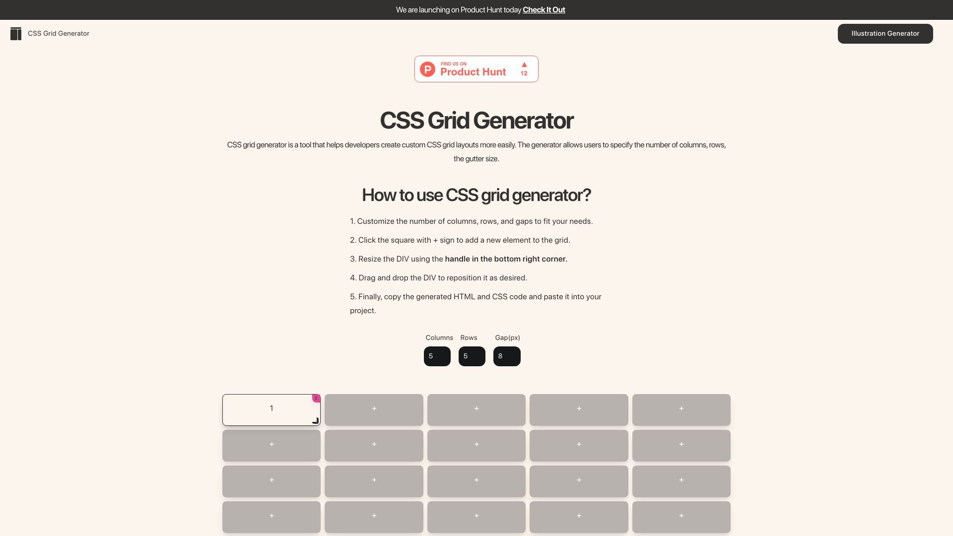 Screenshot of cssgridgenerator.io: Show HN: I made a drag and drop CSS grid generator