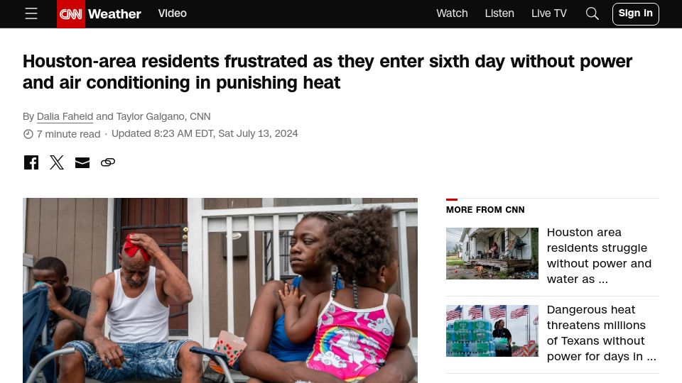 Screenshot of cnn.com: Houston-area residents enter sixth day without power, air conditioning
