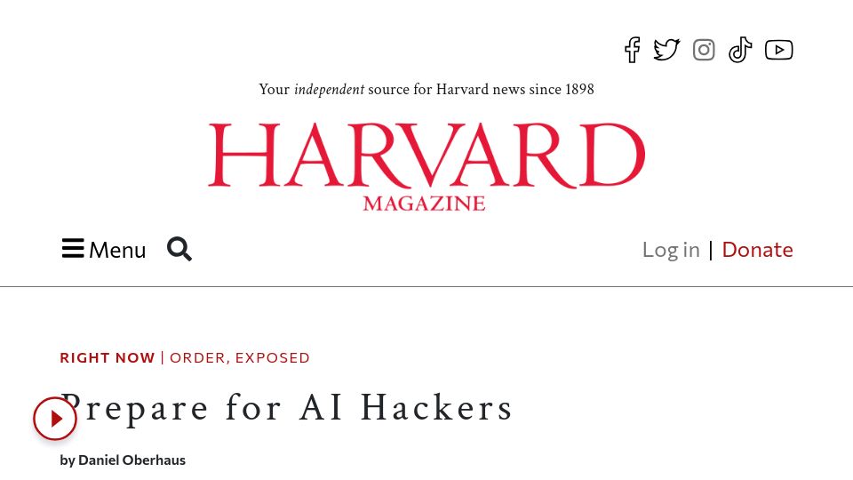 Screenshot of harvardmagazine.com: Prepare for AI Hackers (2023)