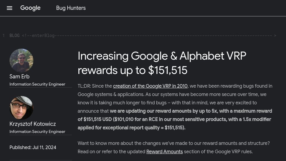 Screenshot of bughunters.google.com: Increasing Google and Alphabet VRP rewards
