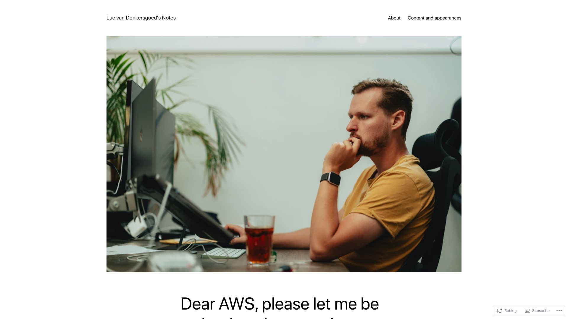 Screenshot of lucvandonkersgoed.com: Dear AWS, please let me be a cloud engineer again
