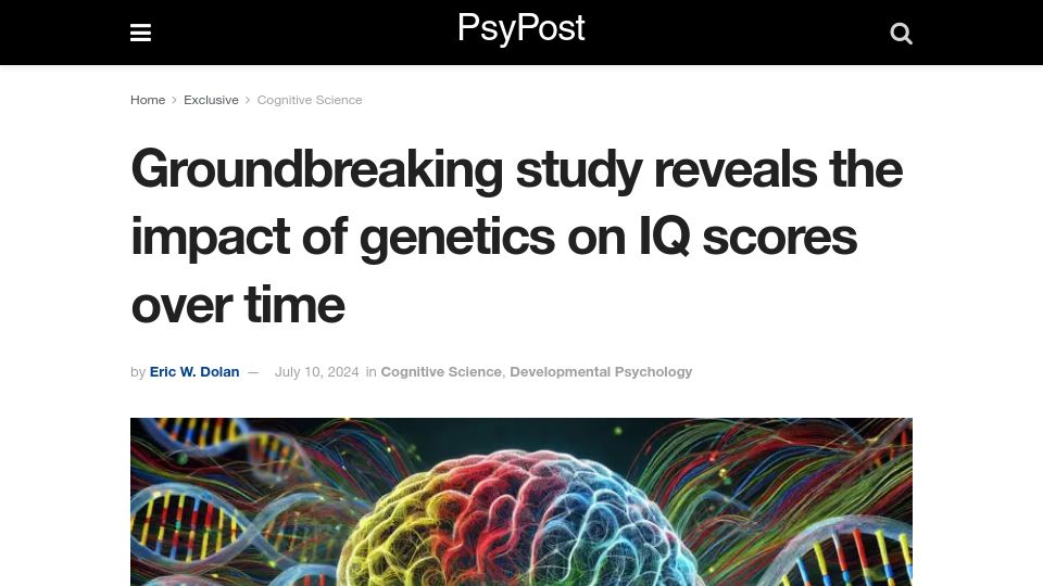 Screenshot of psypost.org: Groundbreaking study reveals the impact of genetics on IQ scores over time