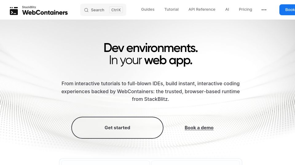 Screenshot of webcontainers.io: WebContainers: Dev environments. In your web app
