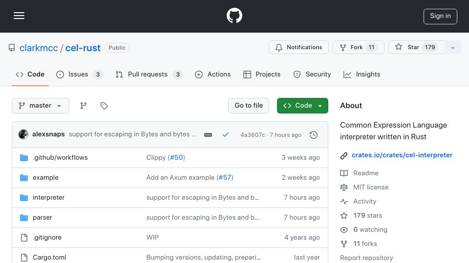 Screenshot of github.com: Common Expression Language interpreter written in Rust
