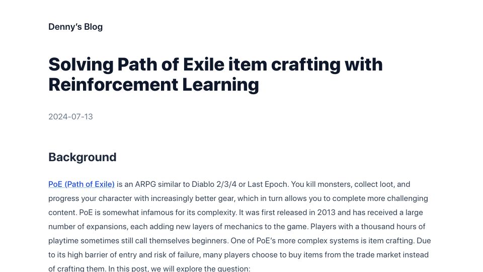 Screenshot of dennybritz.com: Solving Path of Exile Item Crafting with Reinforcement Learning