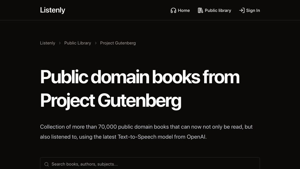 Screenshot of listenly.io: Show HN: I generated 70k audiobooks with OpenAI Text-to-Speech
