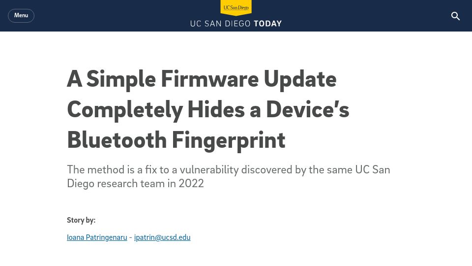Screenshot of today.ucsd.edu: Firmware update hides a device’s Bluetooth fingerprint