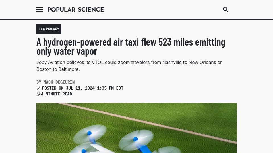 Screenshot of popsci.com: A hydrogen-powered air taxi flew 523 miles emitting only water vapor