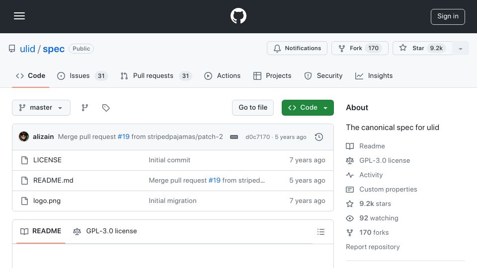 Screenshot of github.com: ULID: Like UUID but Sortable (2019)