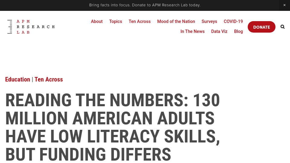 Screenshot of apmresearchlab.org: About 130 million adults in the U.S. have low literacy skills (2022)