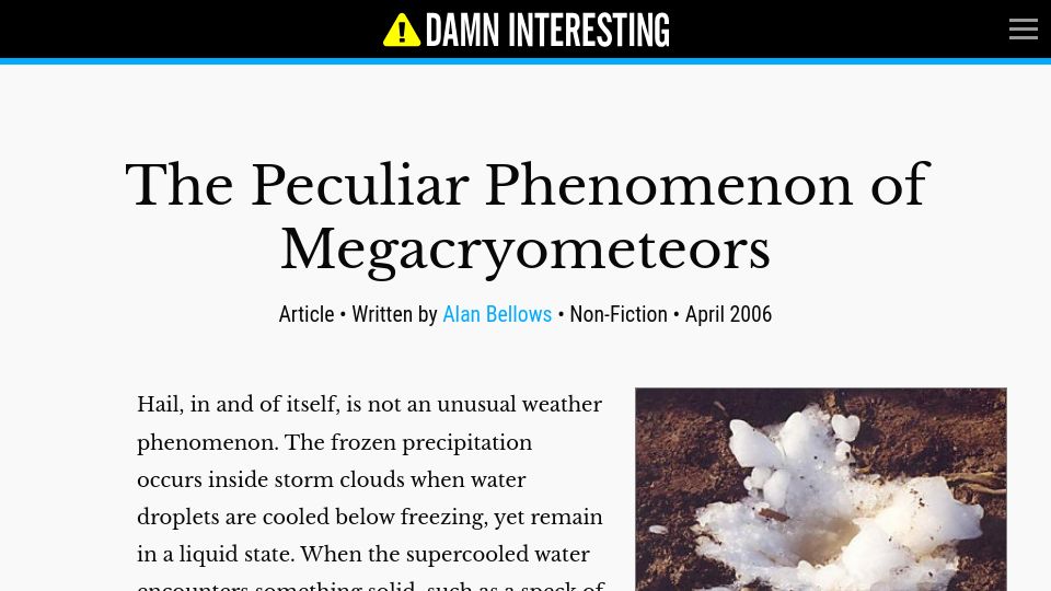 Screenshot of damninteresting.com: The Peculiar Phenomenon of Megacryometeors (2006)