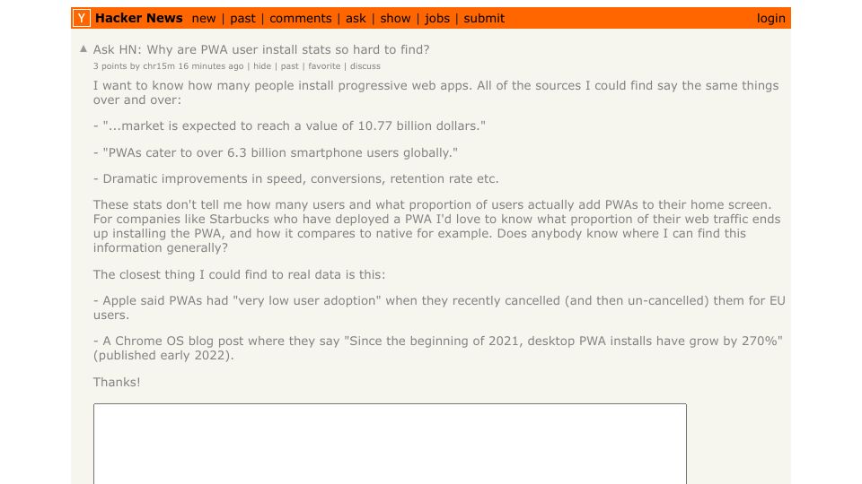 Screenshot of Hacker News post: Ask HN: Why are PWA user install stats so hard to find?