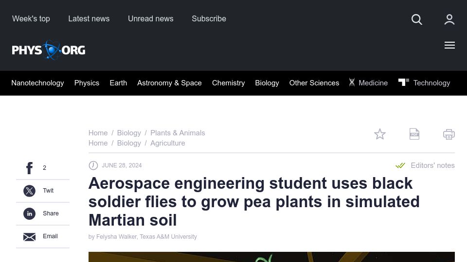 Screenshot of phys.org: Student uses black soldier flies to grow pea plants in simulated Martian soil