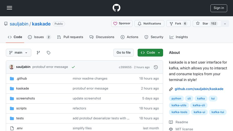 Screenshot of github.com: Show HN: Kaskade – A text user interface for Kafka