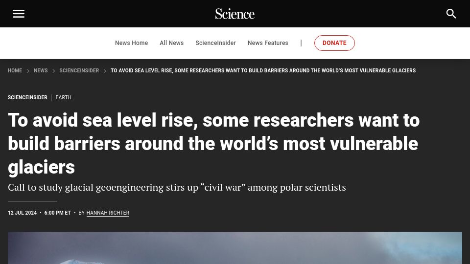 Screenshot of science.org: Scientists propose glacier geoengineering to avoid sea level rise