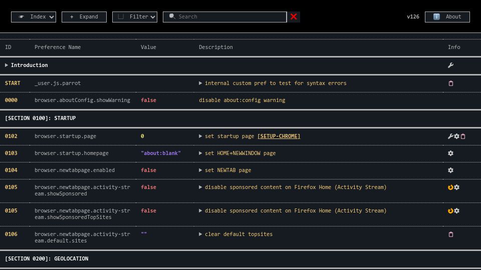 Screenshot of arkenfox.github.io: Arkenfox: Firefox privacy and anti-tracking user.js GUI view