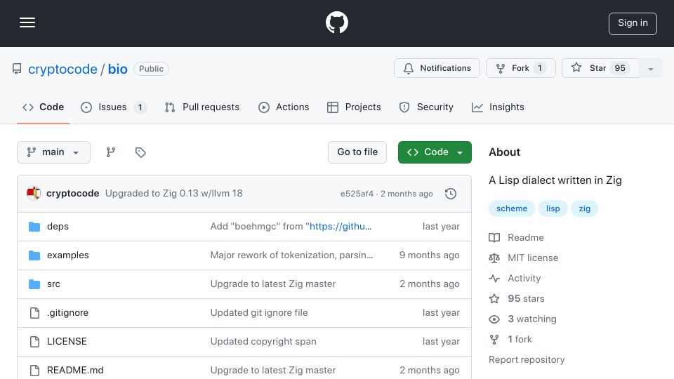 Screenshot of github.com: Bio – Experimental Lisp dialect, written in Zig