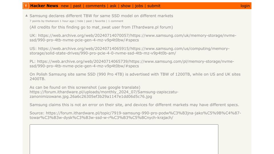Screenshot of Hacker News post: Samsung declares different TBW for same SSD model on different markets