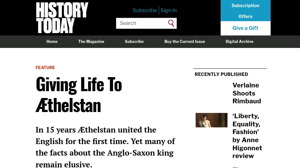 Screenshot of historytoday.com: Giving Life to Æthelstan