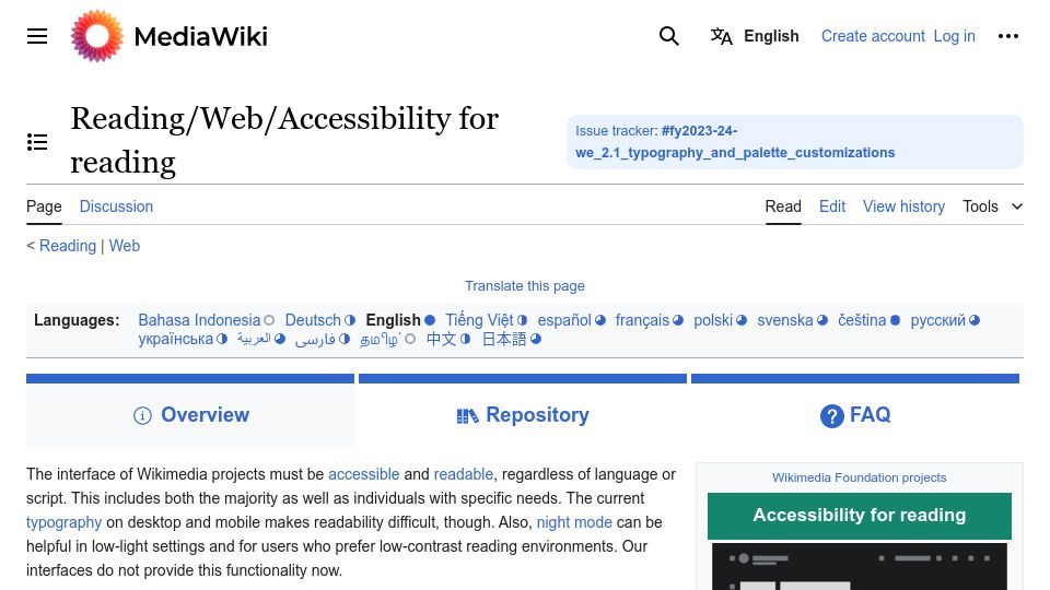 Screenshot of mediawiki.org: Wikipedia is rolling out dark mode support