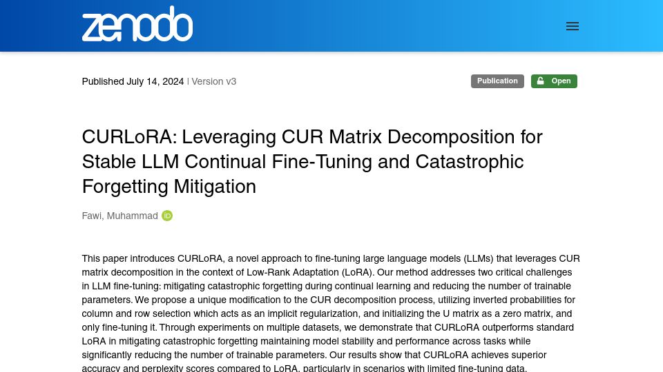 Screenshot of zenodo.org: CURLoRA: Stable LLM Fine-Tuning and Catastrophic Forgetting Mitigation