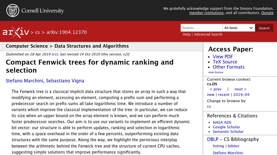 Screenshot of arxiv.org: Compact Fenwick trees for dynamic ranking and selection (2019)