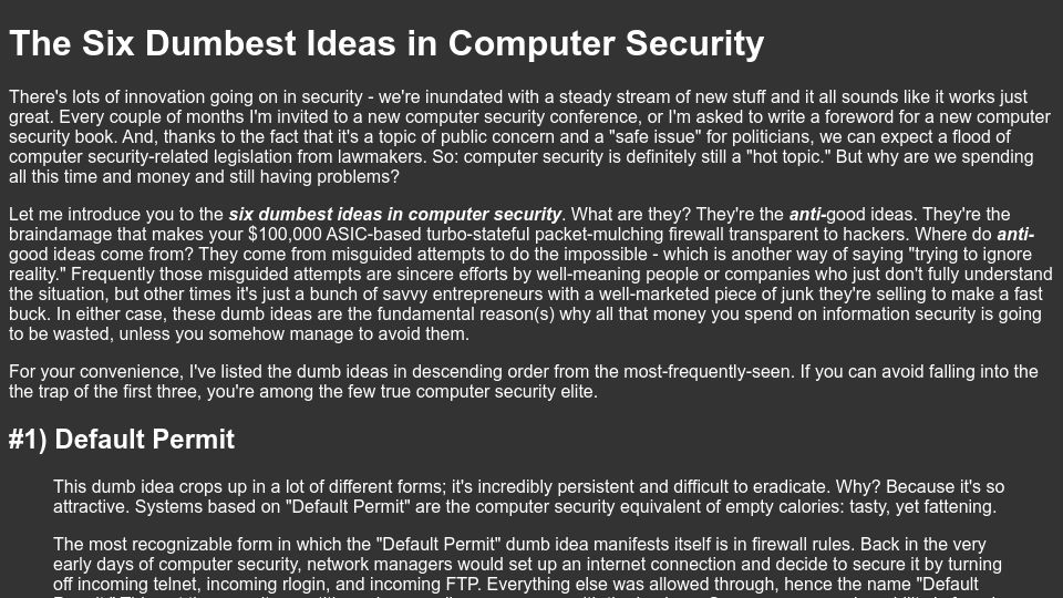 Screenshot of ranum.com: The six dumbest ideas in computer security (2005)