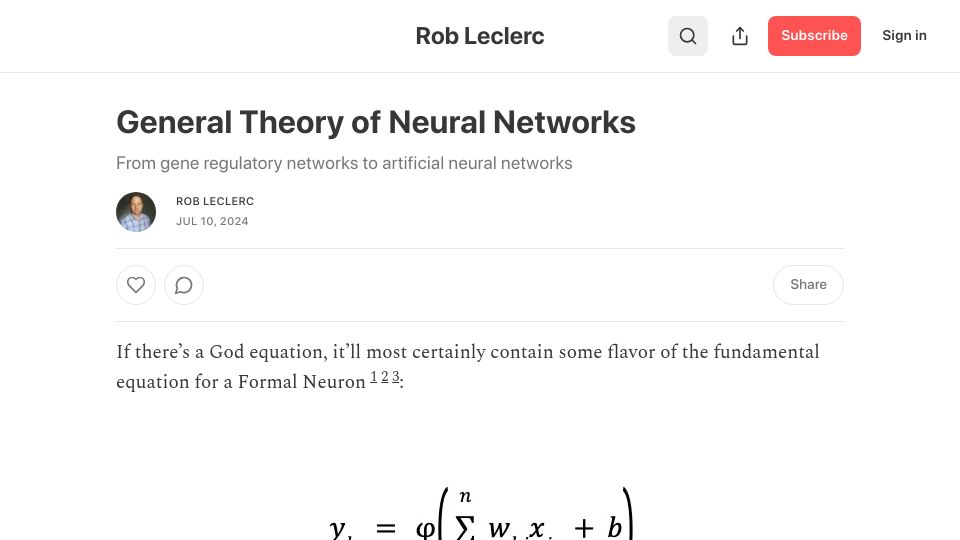Screenshot of robleclerc.substack.com: General Theory of Neural Networks