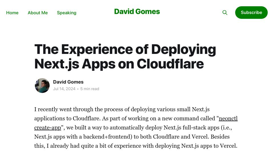 Screenshot of davidgomes.com: The Experience of Deploying Next.js Apps on Cloudflare