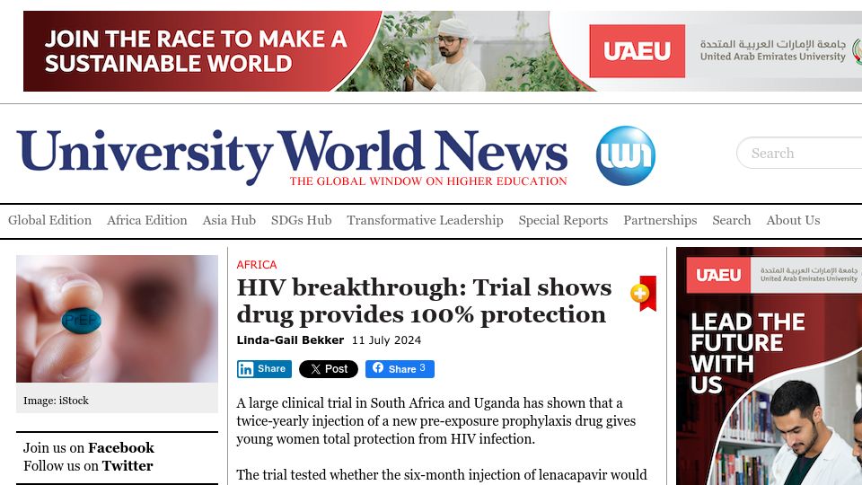 Screenshot of universityworldnews.com: HIV breakthrough: Trial shows drug provides 100% protection