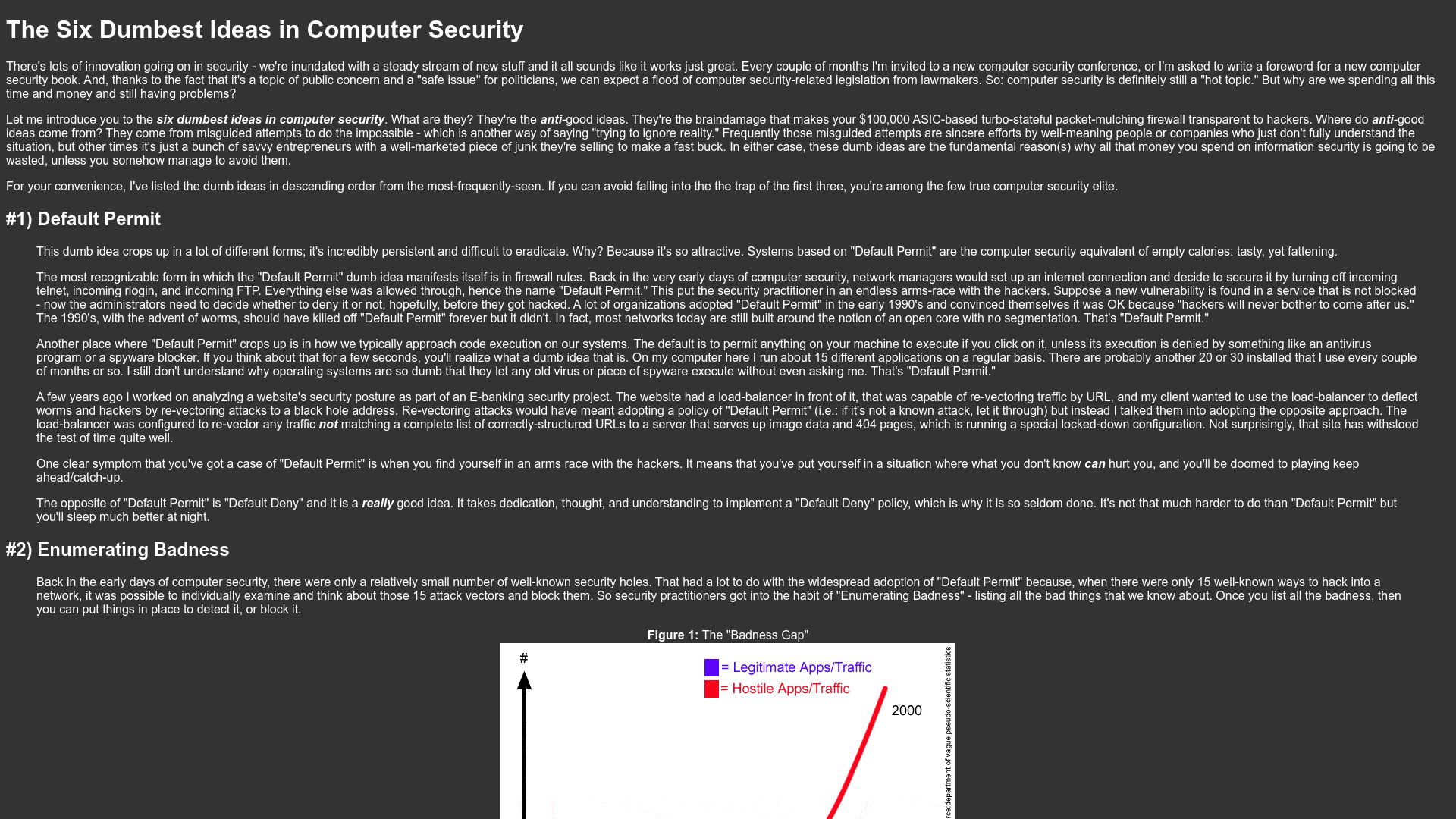 Screenshot of ranum.com: The six dumbest ideas in computer security (2005)