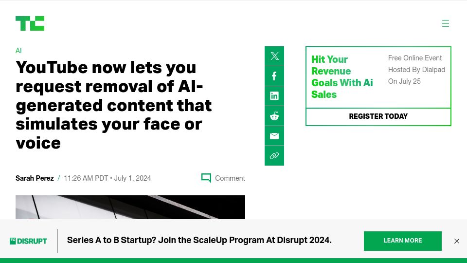 Screenshot of techcrunch.com: YouTube lets you request removal of AI content that simulates your face or voice