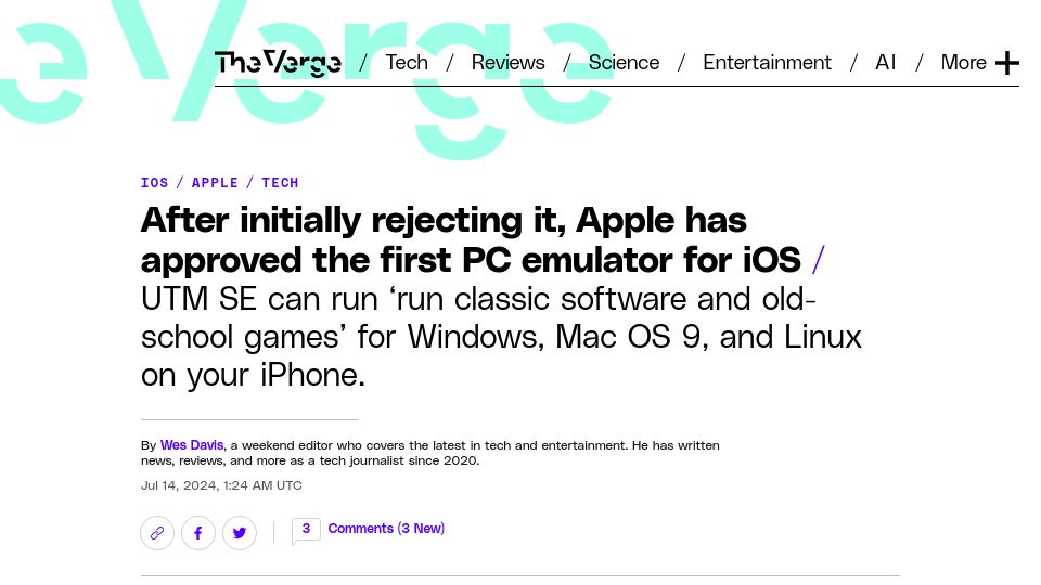 Screenshot of theverge.com: After initially rejecting it, Apple has approved the first PC emulator for iOS