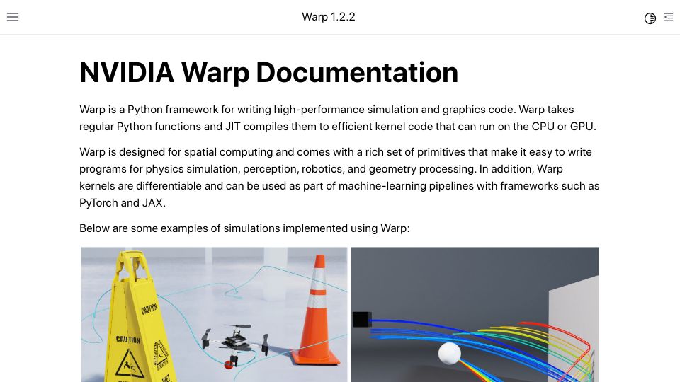 Screenshot of nvidia.github.io: Nvidia Warp: Python framework for high-performance simulation and graphics code