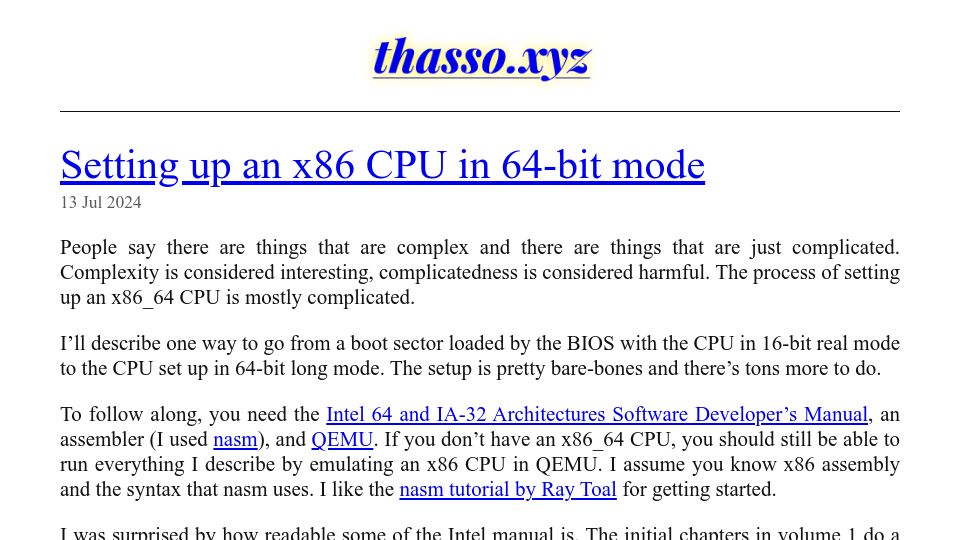 Screenshot of thasso.xyz: Writing a BIOS bootloader for 64-bit mode from scratch
