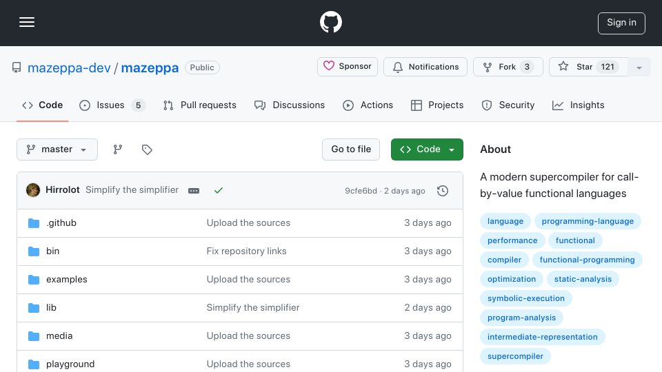 Screenshot of github.com: Mazeppa: A modern supercompiler for call-by-value functional languages