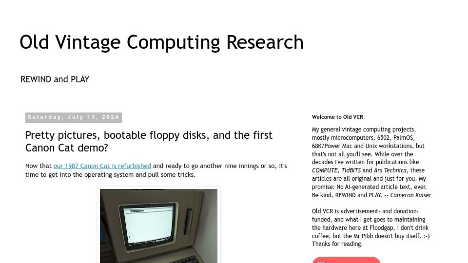 Screenshot of oldvcr.blogspot.com: Pretty pictures, bootable floppy disks, and the first Canon Cat demo?