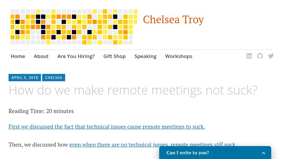 Screenshot of chelseatroy.com: How do we make remote meetings not suck? (2018)