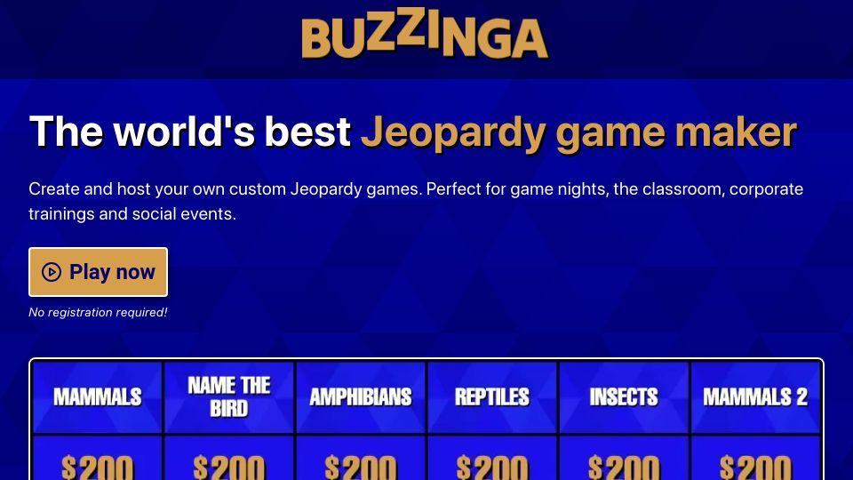 Screenshot of buzzinga.io: Show HN: I built a Jeopardy game maker with buzzer support