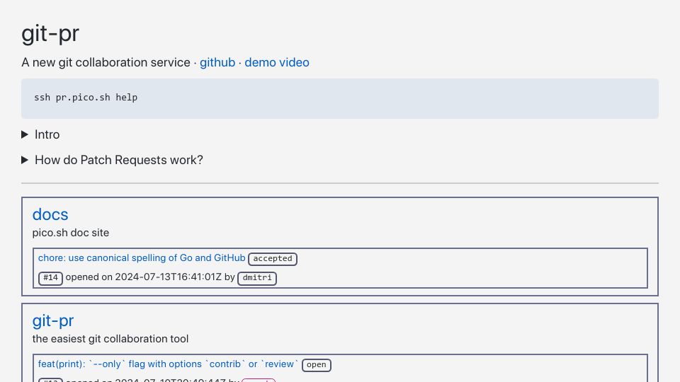 Screenshot of pr.pico.sh: Git-PR: patch requests over SSH