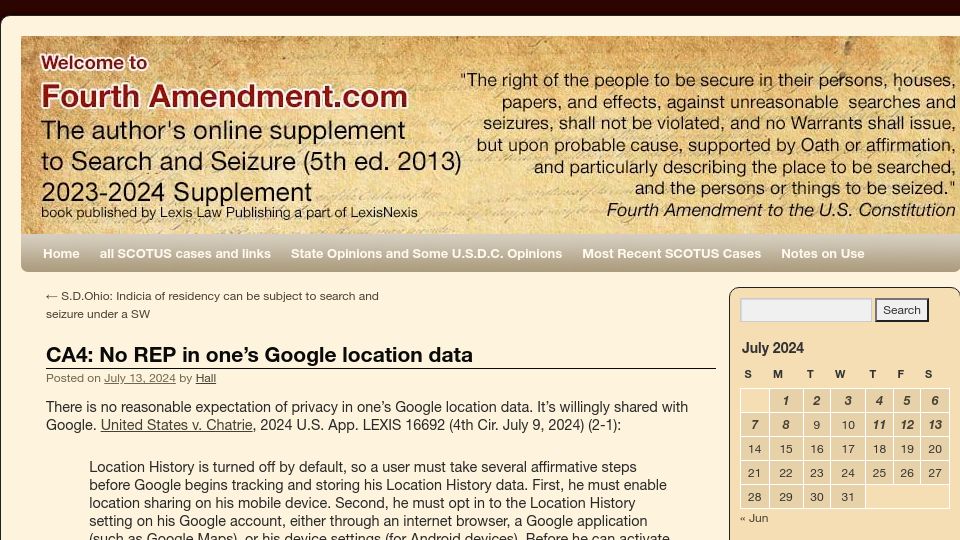 Screenshot of fourthamendment.com: No reasonable expectation of privacy in one's Google location data